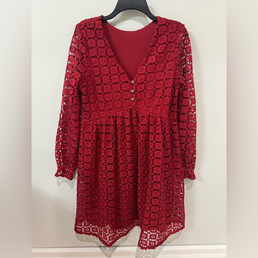 Red Crochet Lace Long Sleeve Babydoll Mini Dress V-Neck Boho Coquette Size L